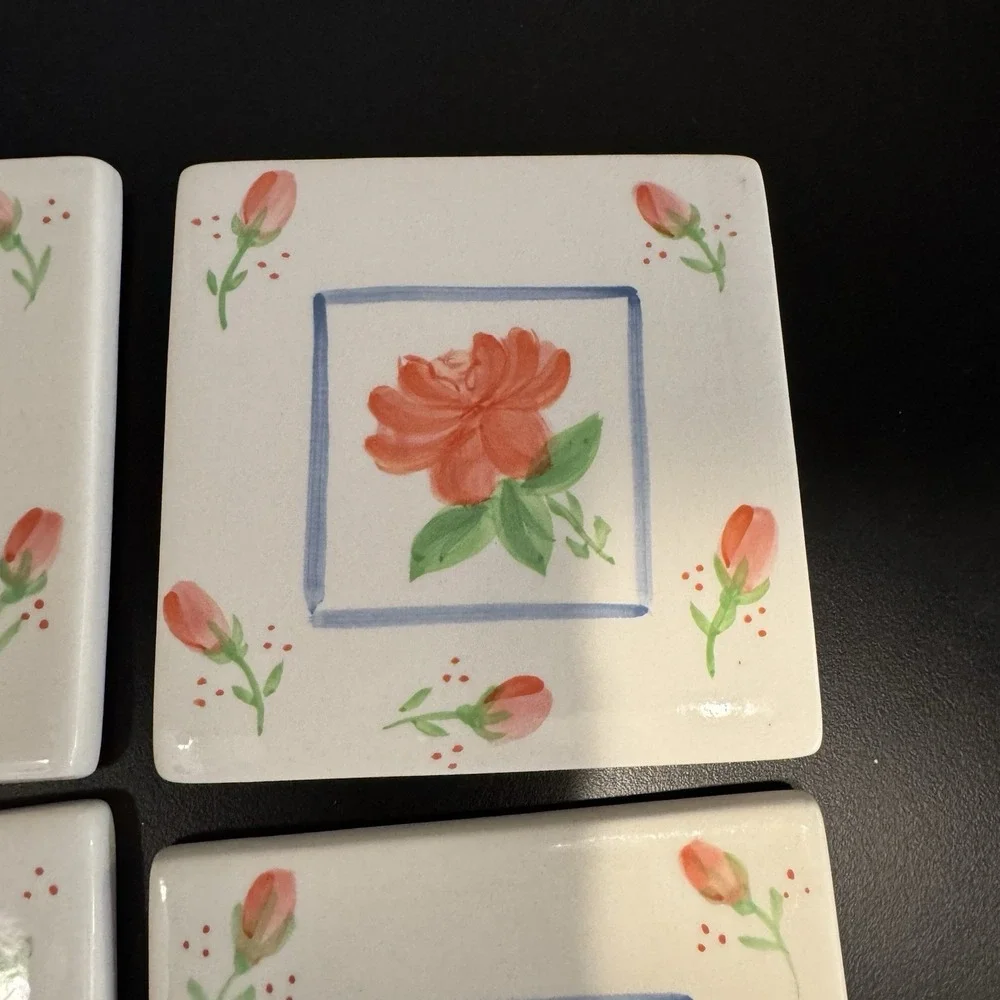 Set of 4‎ Whittard of Chelsea Ceramic Tile Coasters English Rose Floral 4x4